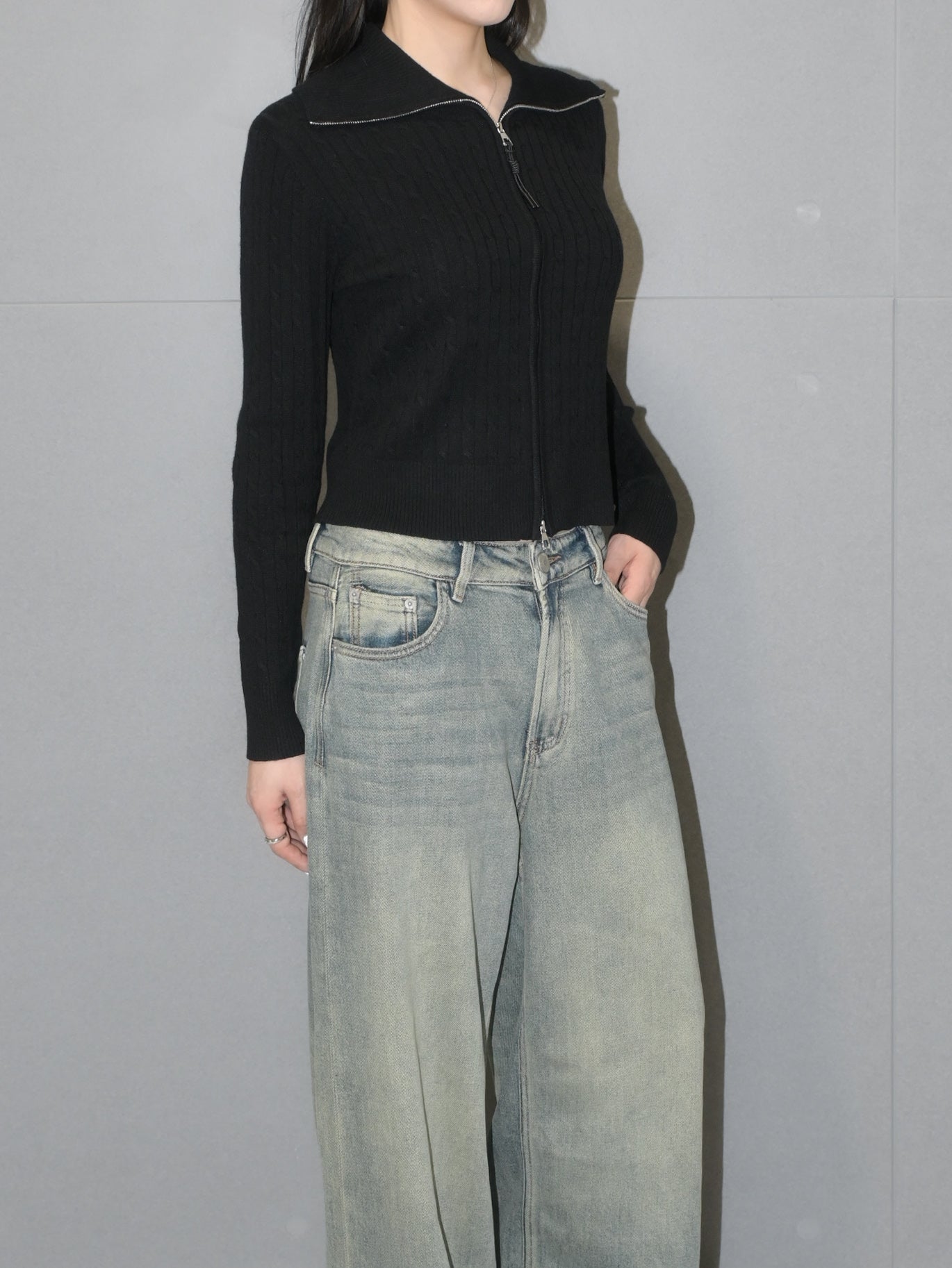 Zip Up Cable Wool Sweater