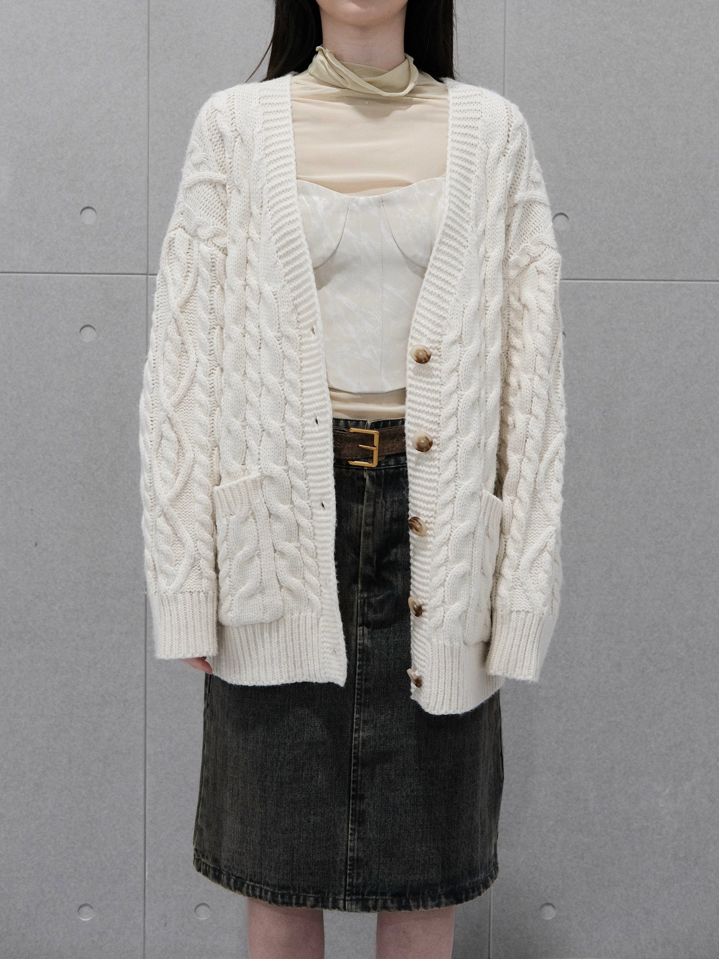 Unisex V Neck Cable Knit Cardigan