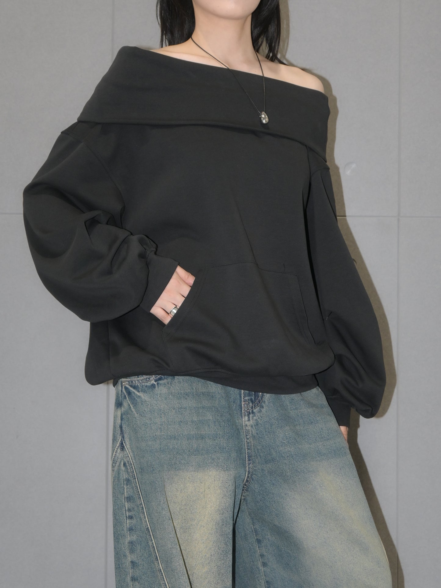 Foldover Off Shoulder Sweatshirt