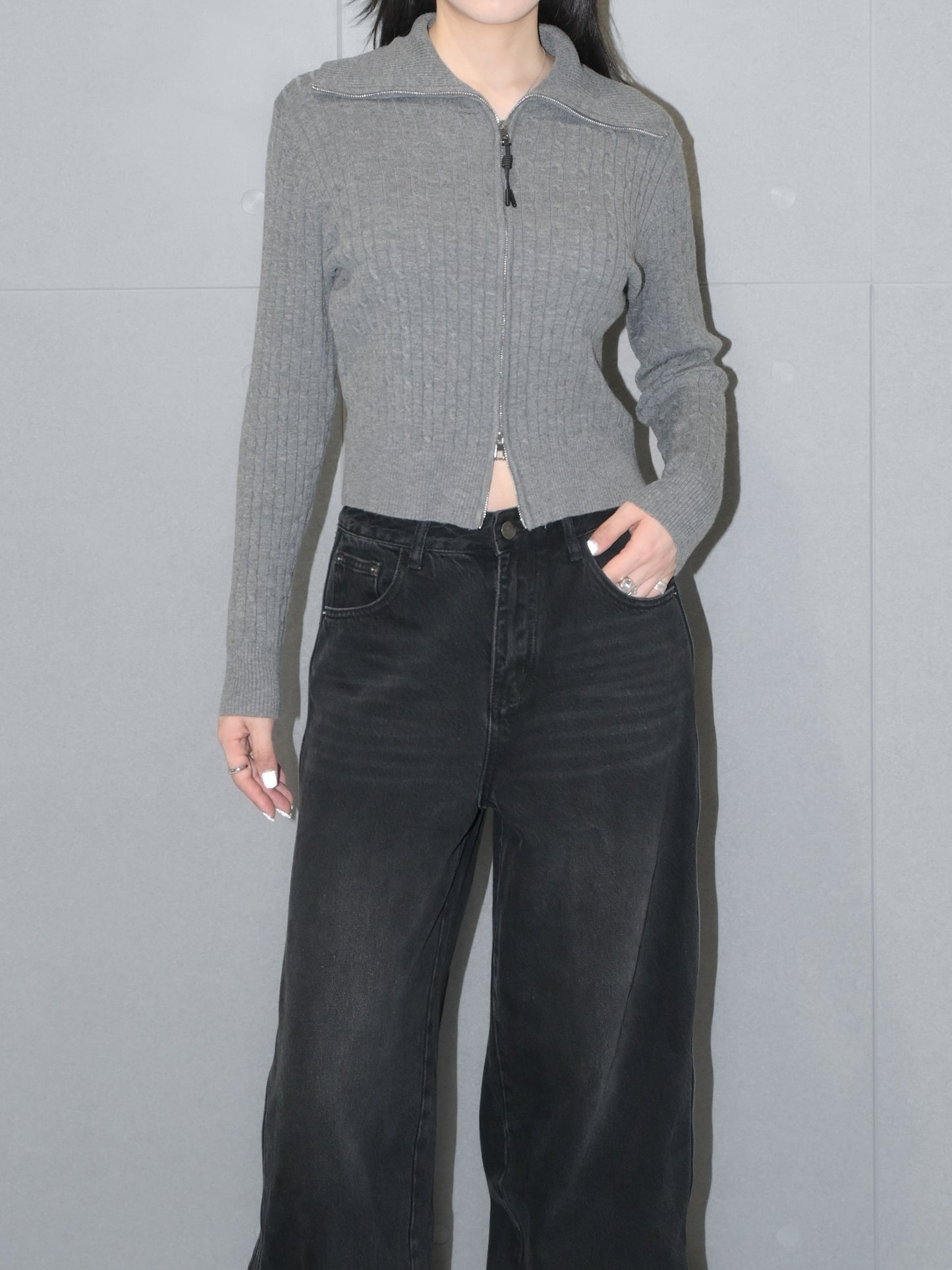 Zip Up Cable Wool Sweater