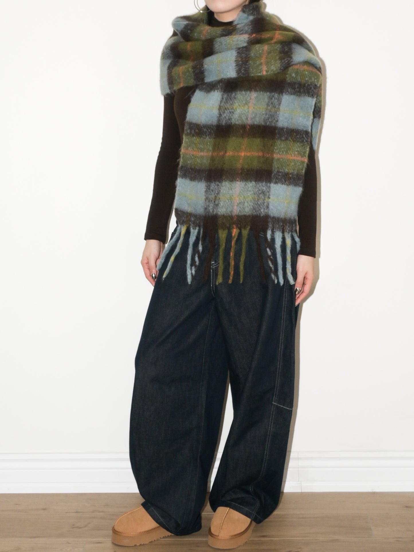 Plaid Fringe Wool Scarf