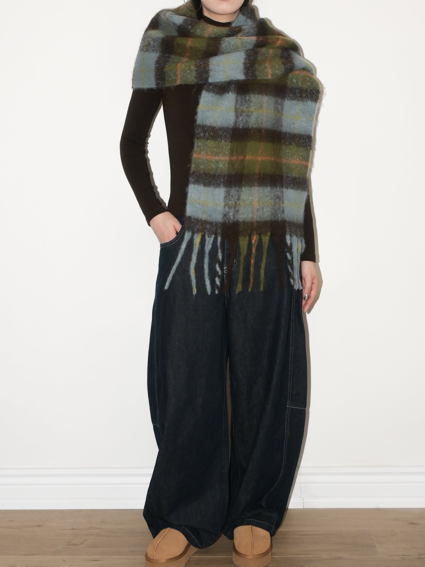 Plaid Fringe Wool Scarf