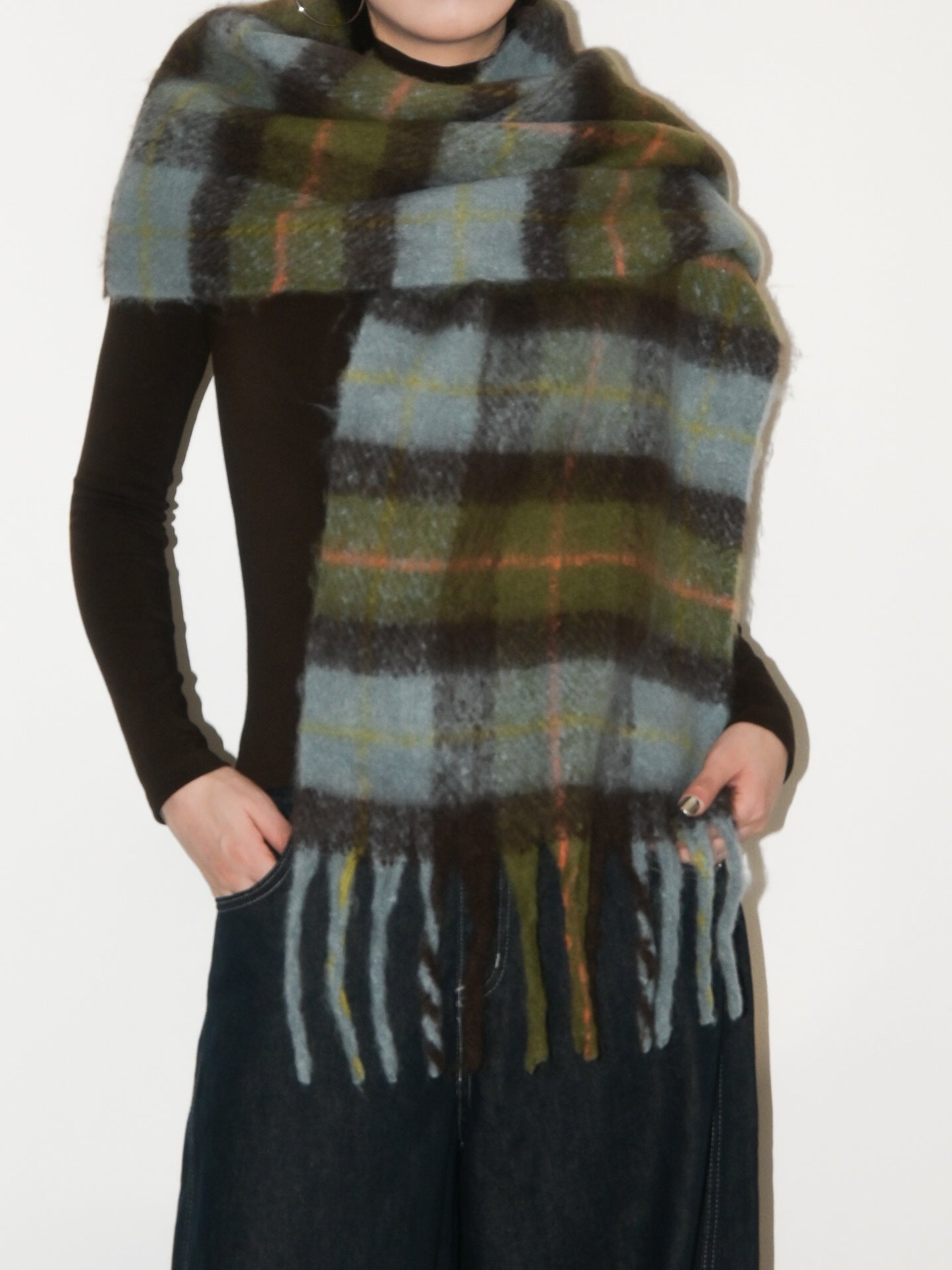 Plaid Fringe Wool Scarf
