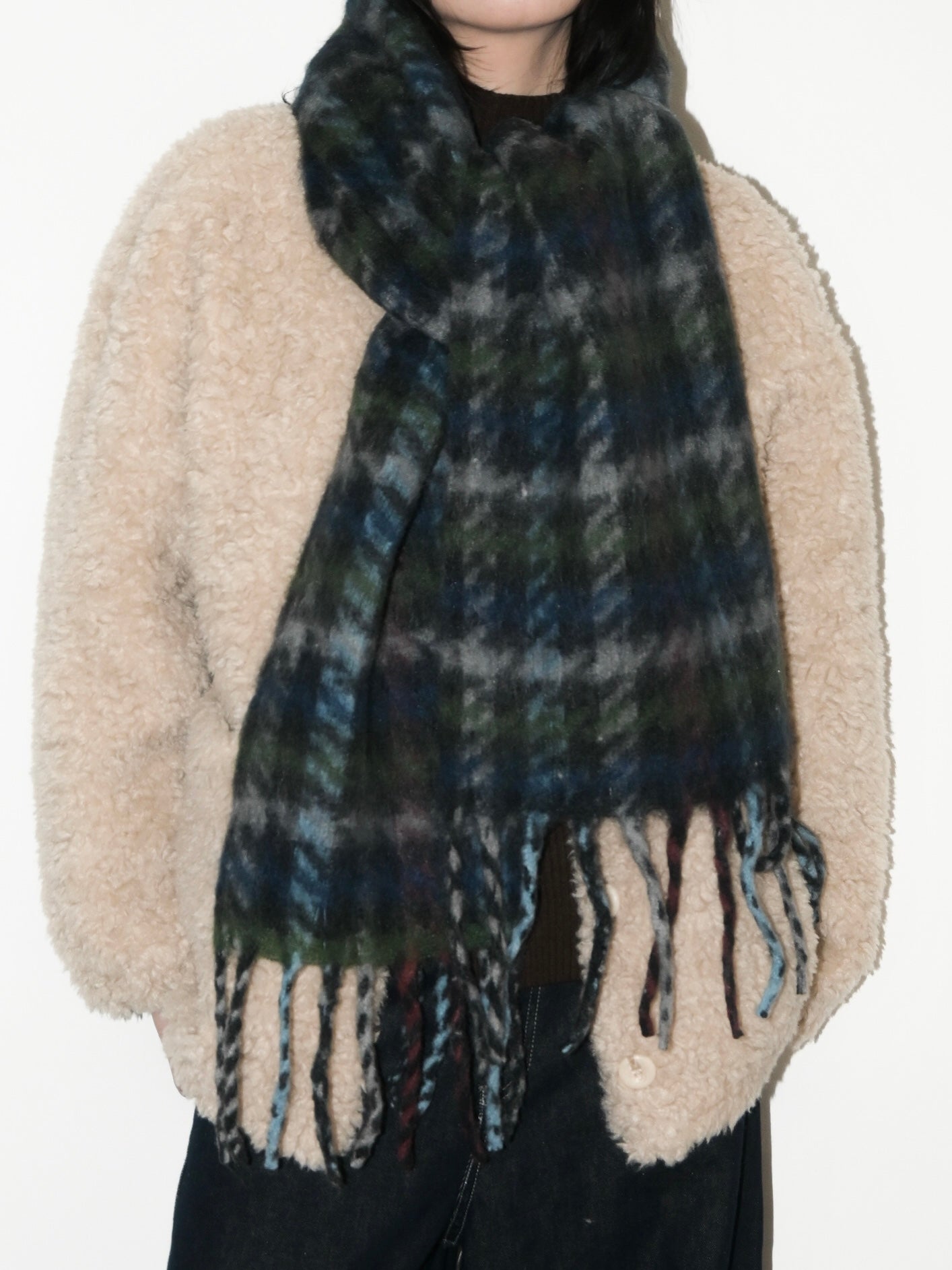 Plaid Fringe Mohair Scarf