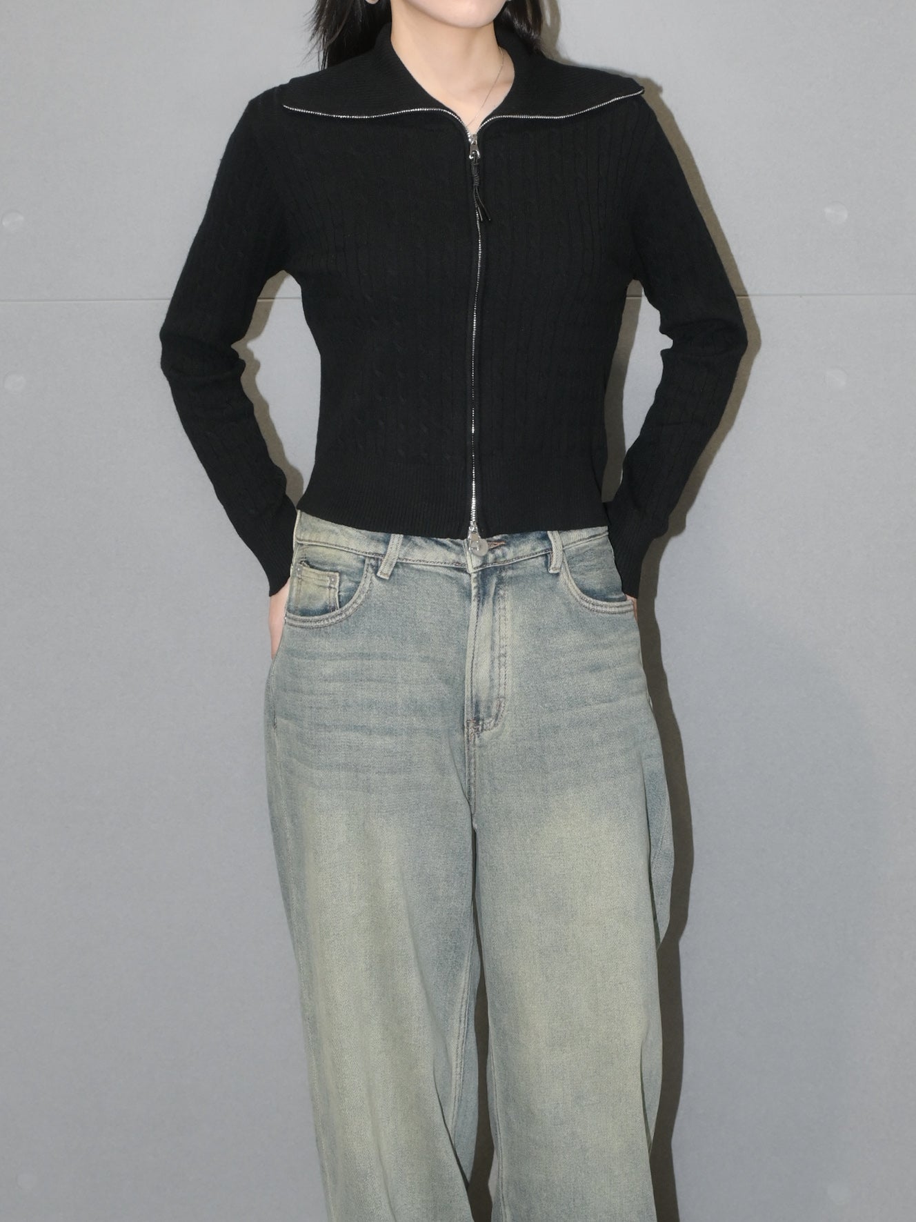 Zip Up Cable Wool Sweater