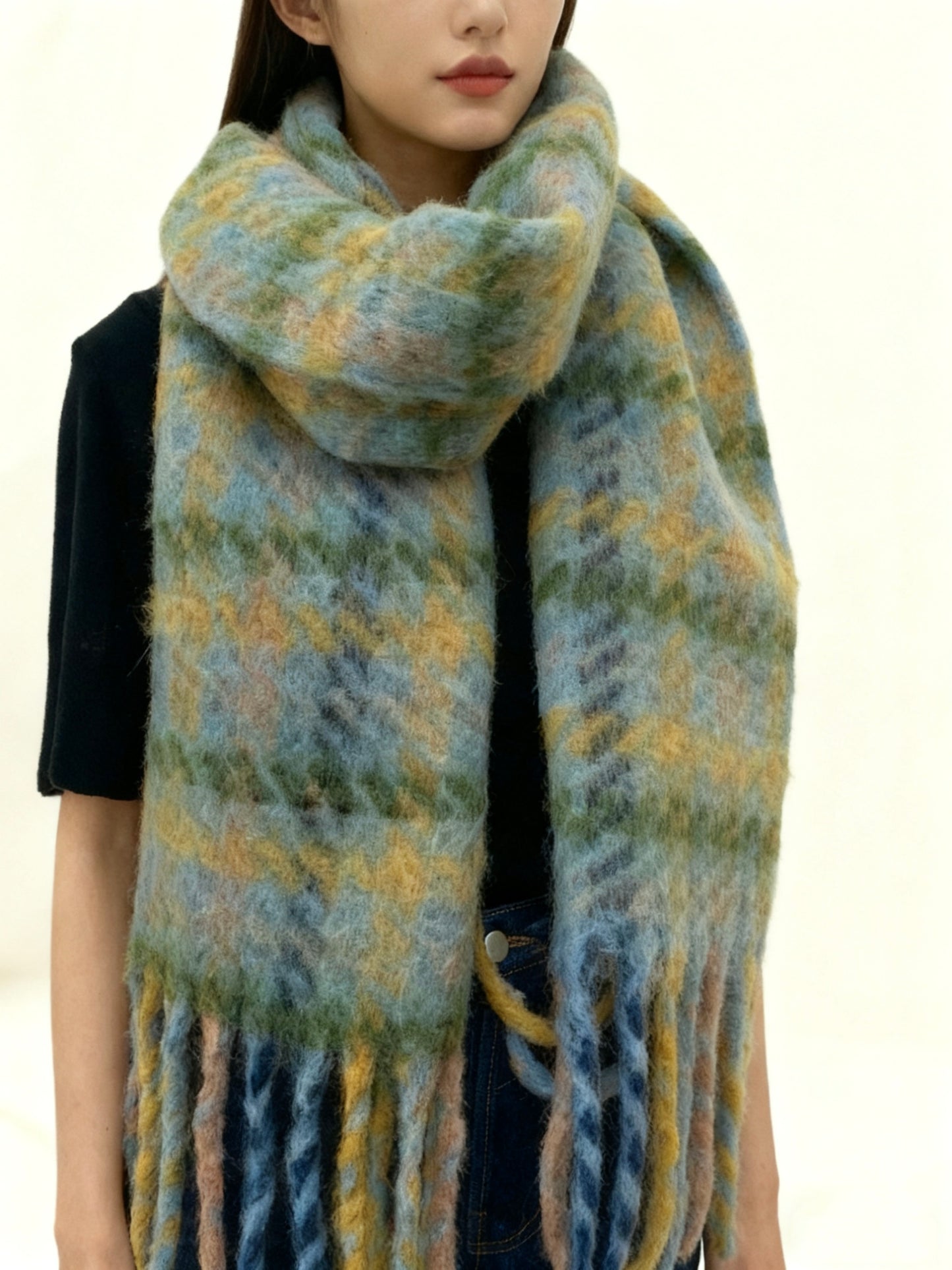 Plaid Fringe Mohair Scarf