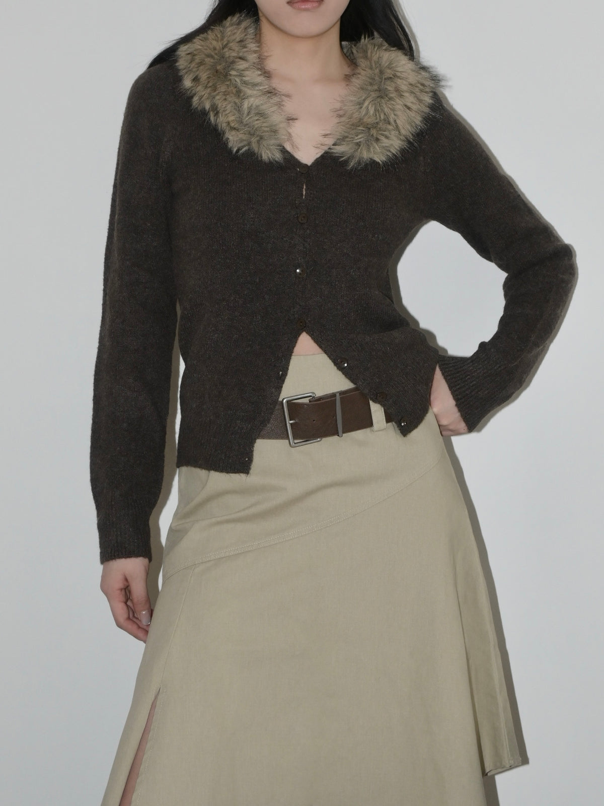 Faux Fur Collar Cardigan