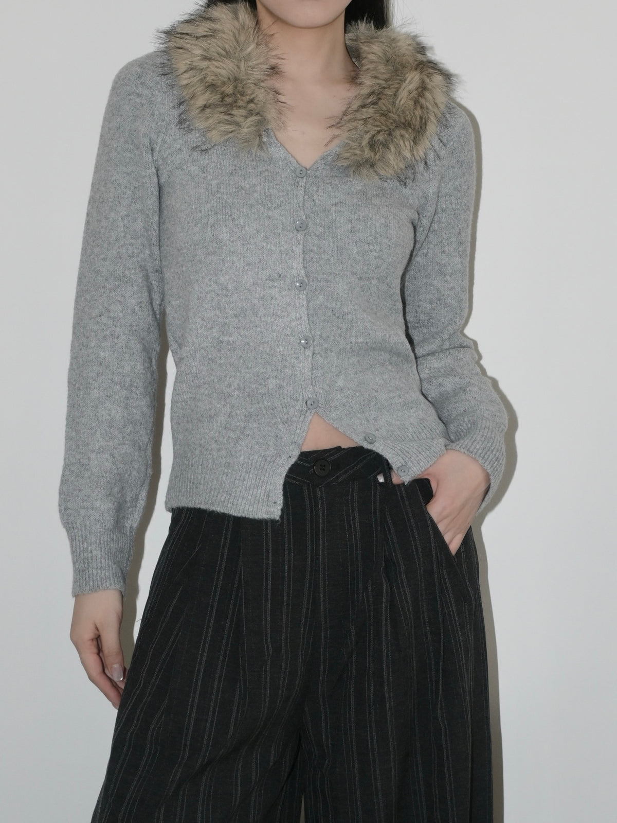 Faux Fur Collar Cardigan