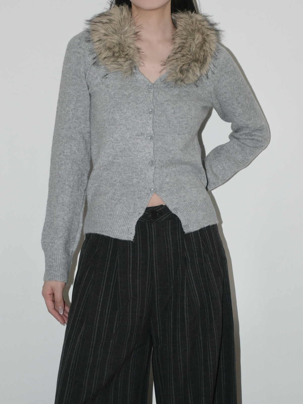 Faux Fur Collar Cardigan