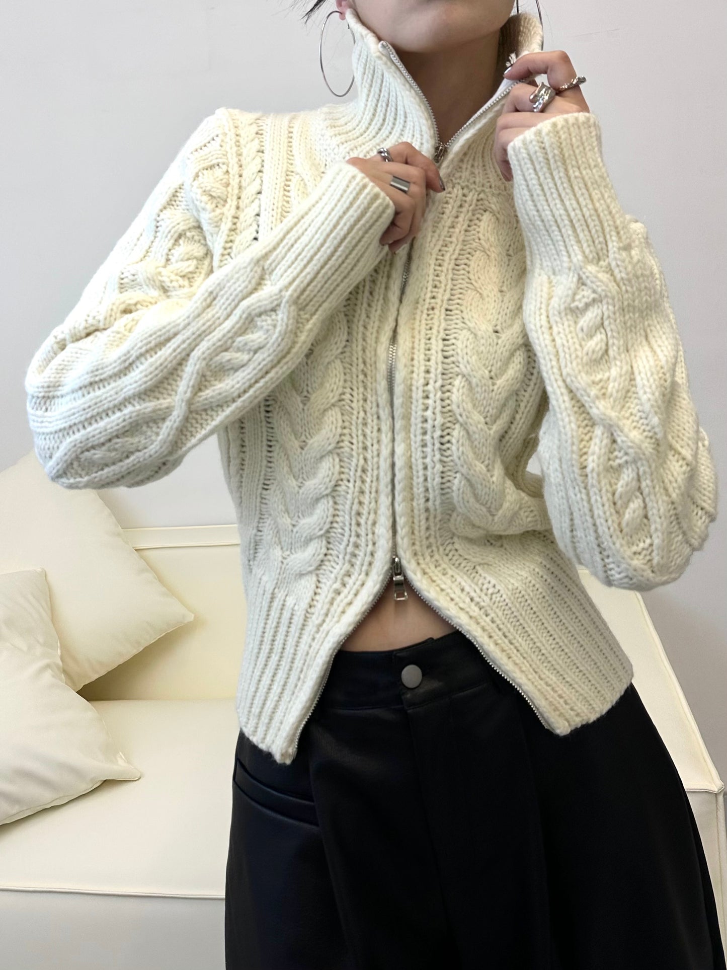 Two Way Zip Up Cable Sweater