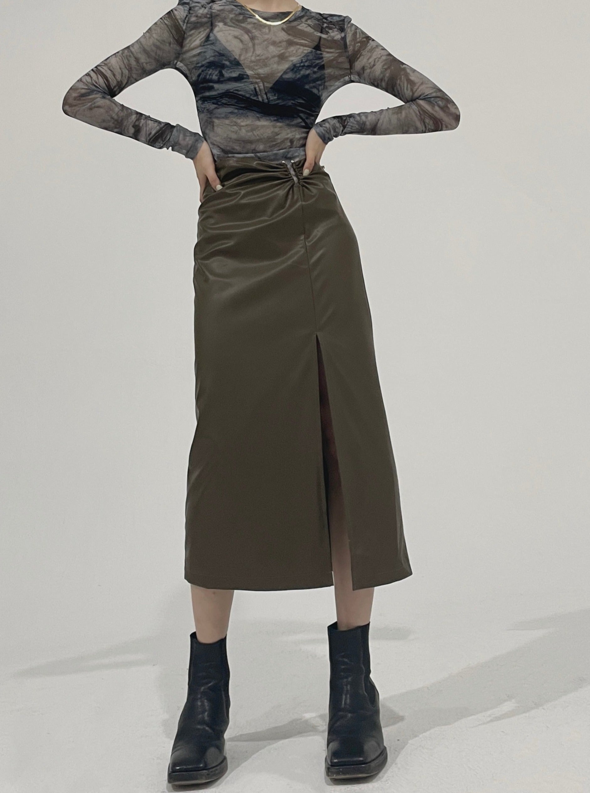 Dakota Leather Skirt Olive Taupe