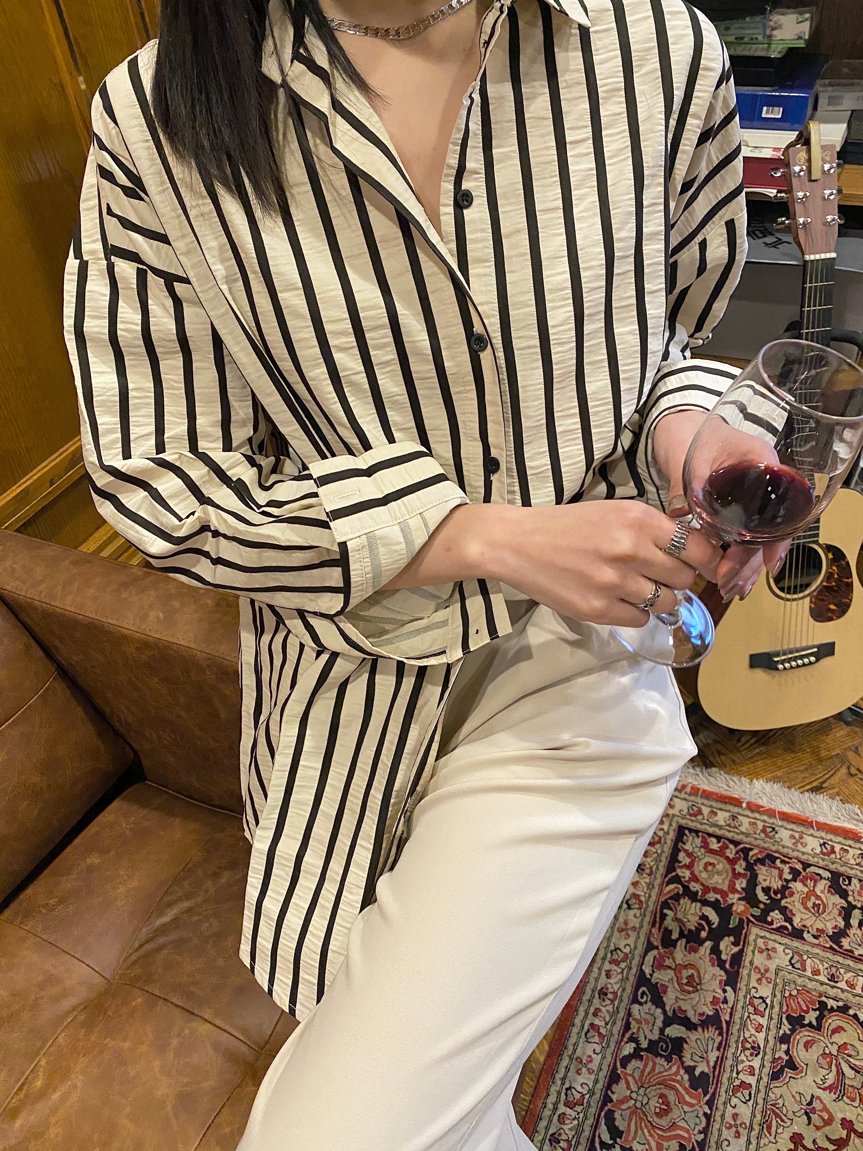Pin-Stripe Button Up Cream/Black