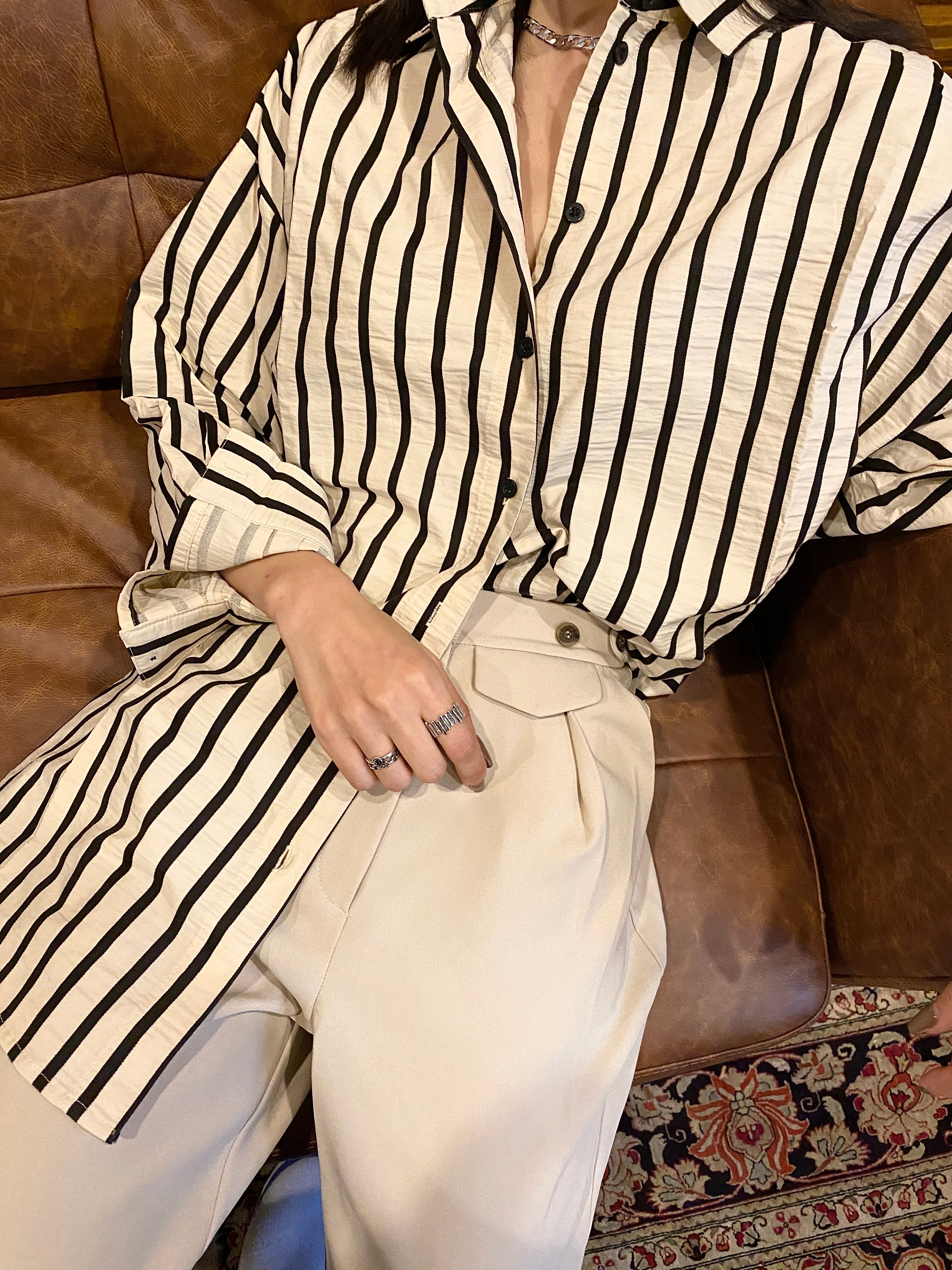 Pin-Stripe Button Up Cream/Black