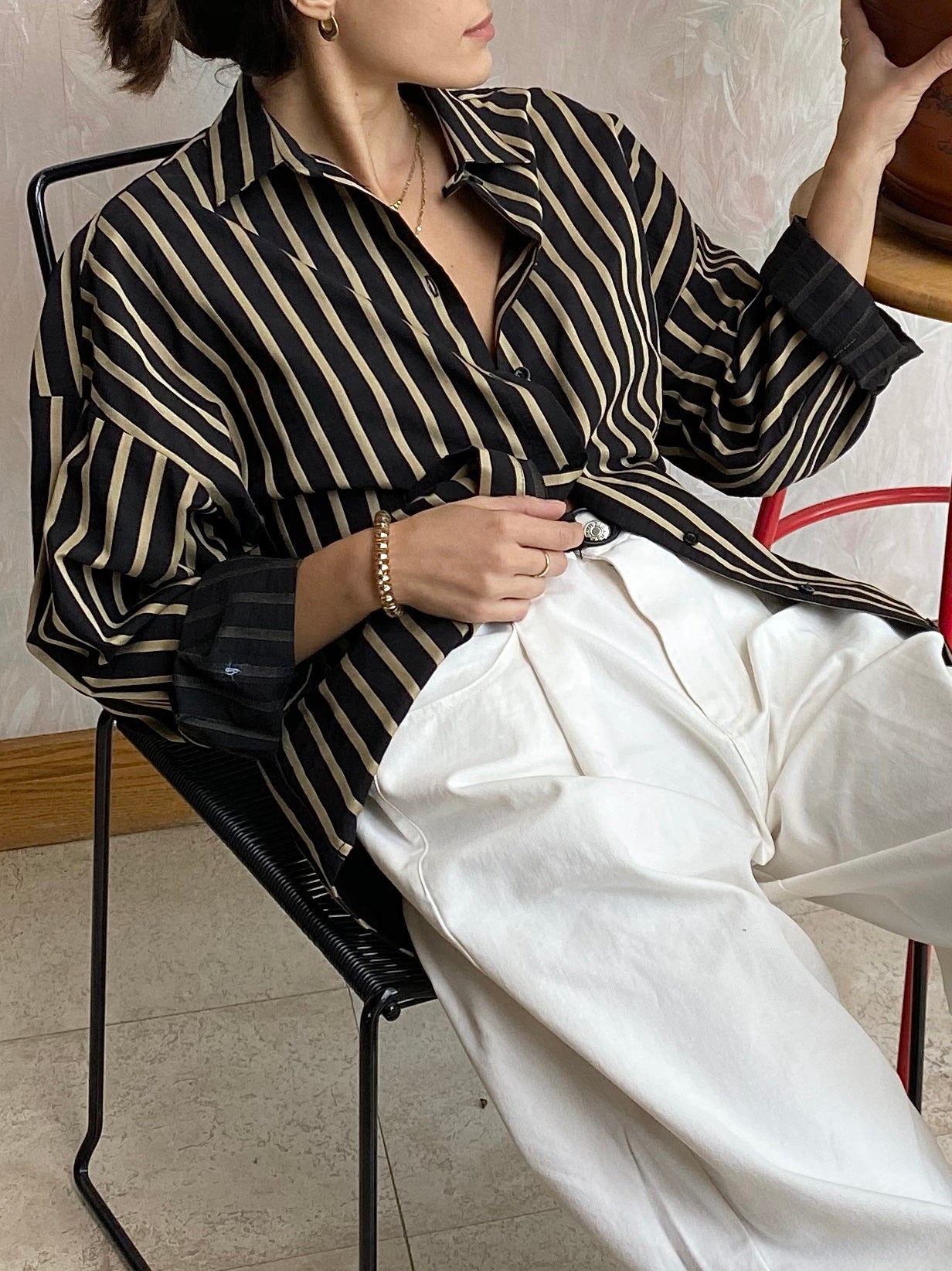 Pin-Stripe Button Up Black/Gold